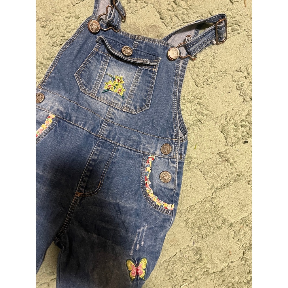 Kidscool Vintage Embroidered Butterfly Denim Overalls Distressed Blue 12-18M